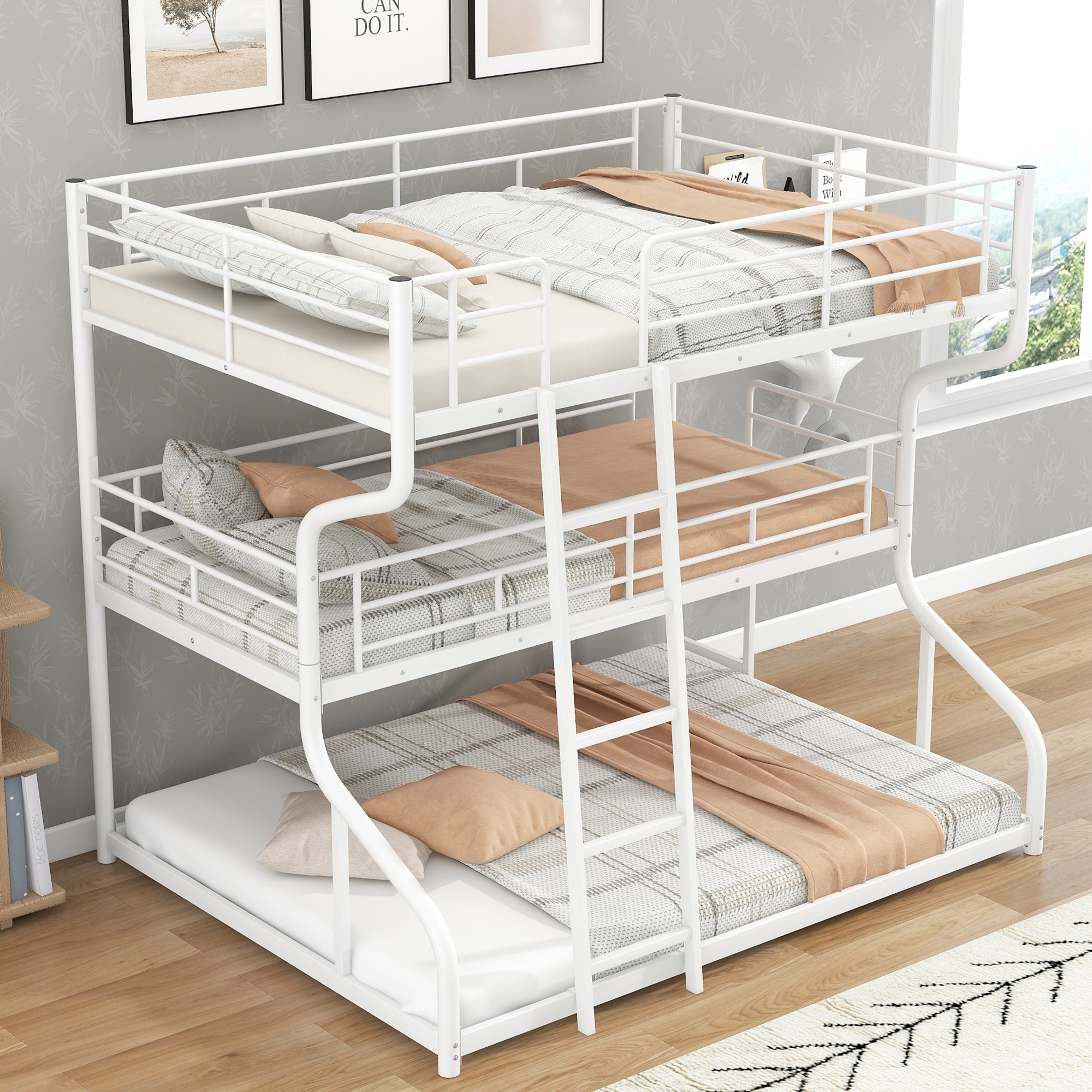 Euroco Solid Metal Bed, Full XL over Twin XL over Queen Size Triple Bunk Bed for Kids Teens Room, Three Beds for Both Kids and Adults, White