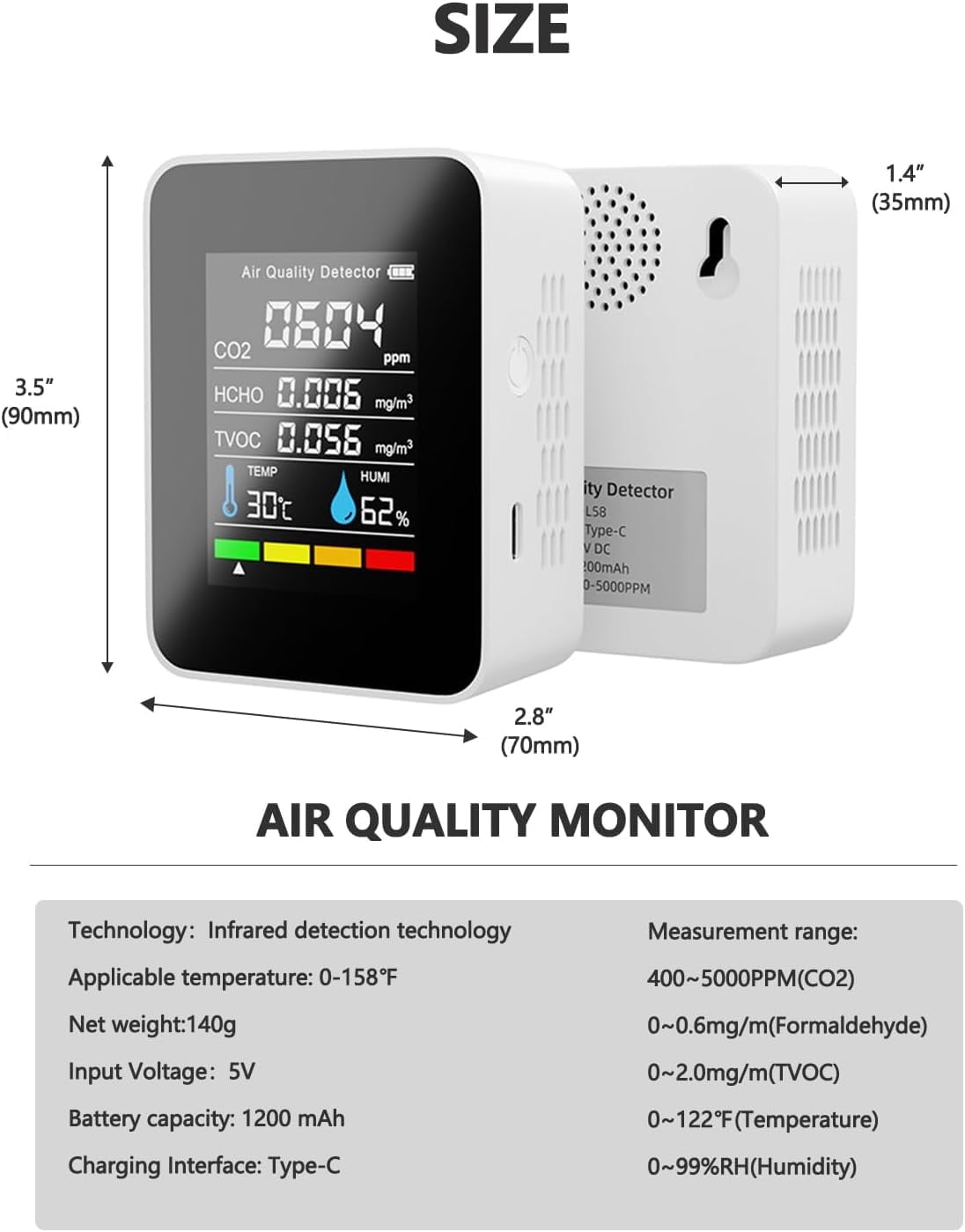 5 in 1 Air Quality Monitor CO2 Meter Carbon Dioxide Detector CO2 CO TVOC HCHO PM2.5 PM1.0 PM10 Temperature Humidity Detection