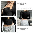 thumbnail image 3 of Mujeres Crop Top manga larga pecho plisado hueco fuera moda Halter verano Top para citas compras, 3 of 7
