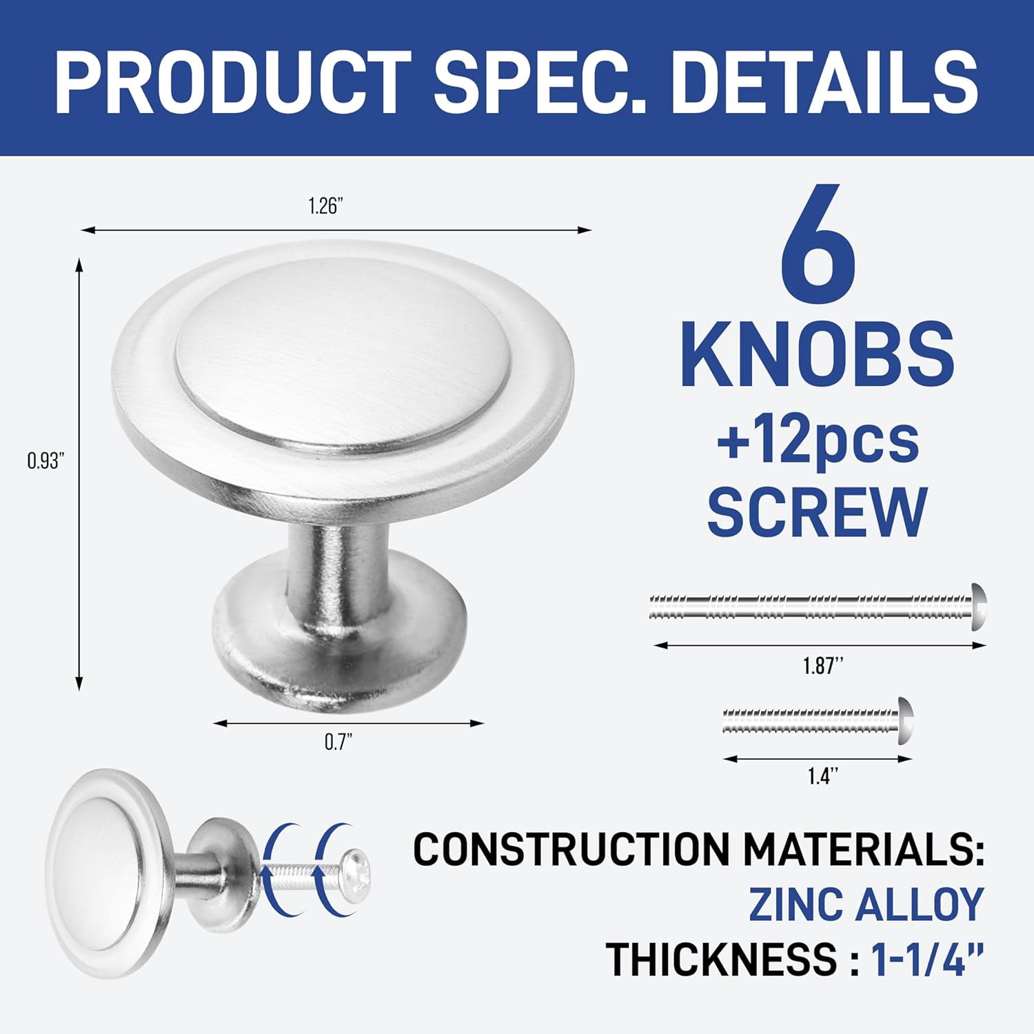 LifeMaster 6pcs 1-1/4" Kitchen Cabinet Knobs - Rust-Proof, Brushed Nickel Finish, Modern Design, Strong Zinc Alloy