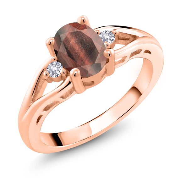Gem Stone King 18K Rose Gold Plated Silver Red Tiger Eye and White Created Sapphire 3 Stone Engagement Ring for Women | 1.33 Cttw | Oval 8X6MM | Round 2MM | Gemstone Birthstone | Size 8