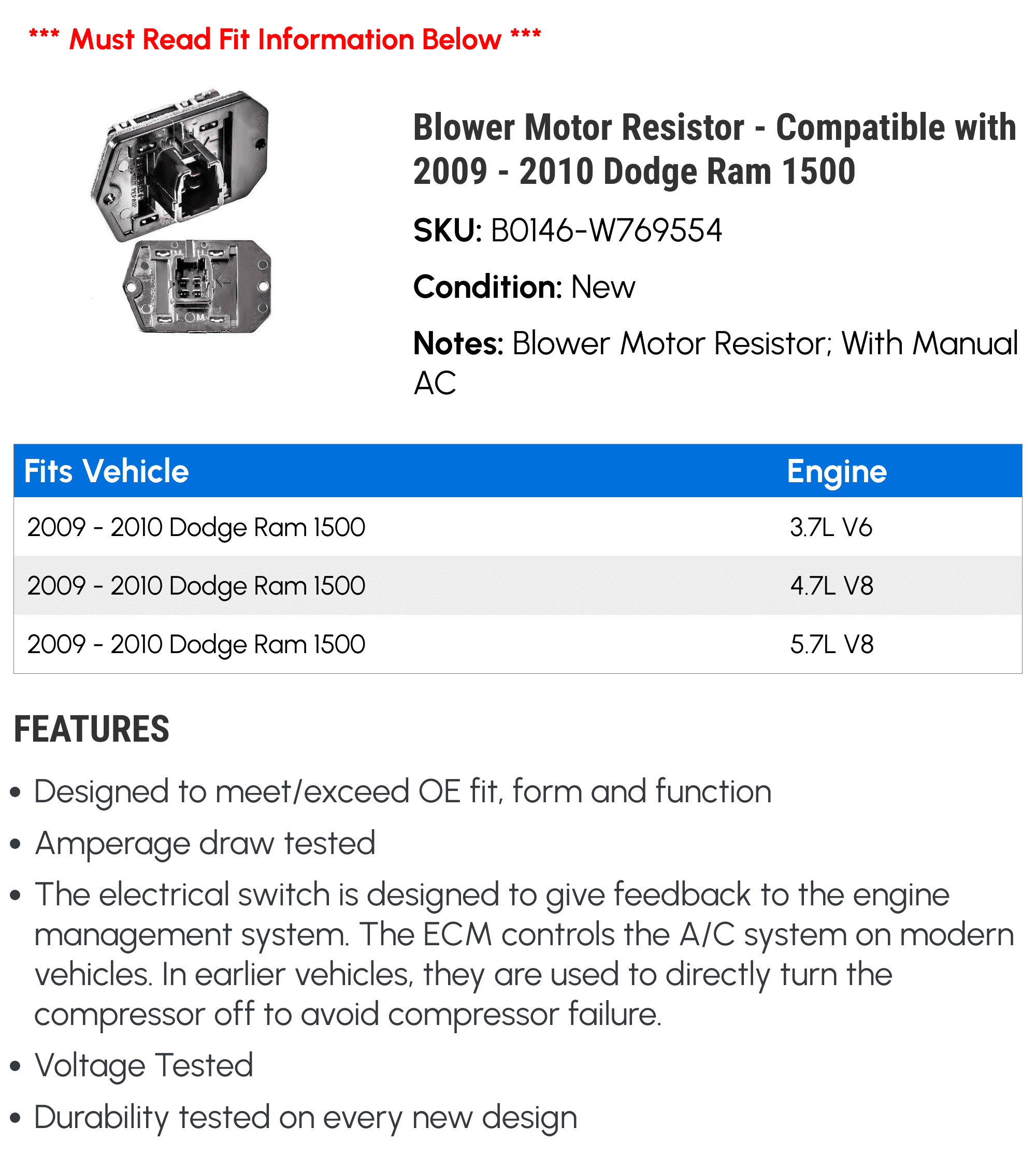 Blower Motor Resistor - Compatible with 2009 - 2010 Dodge Ram 1500