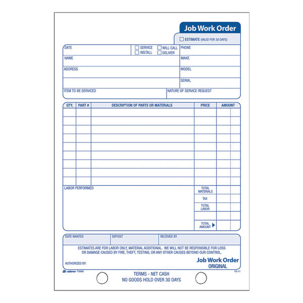 Adams® Carbonless Job Work Order Book, 5 9/16" x 8 7/16", 3-Part, White/Canary/White Tag