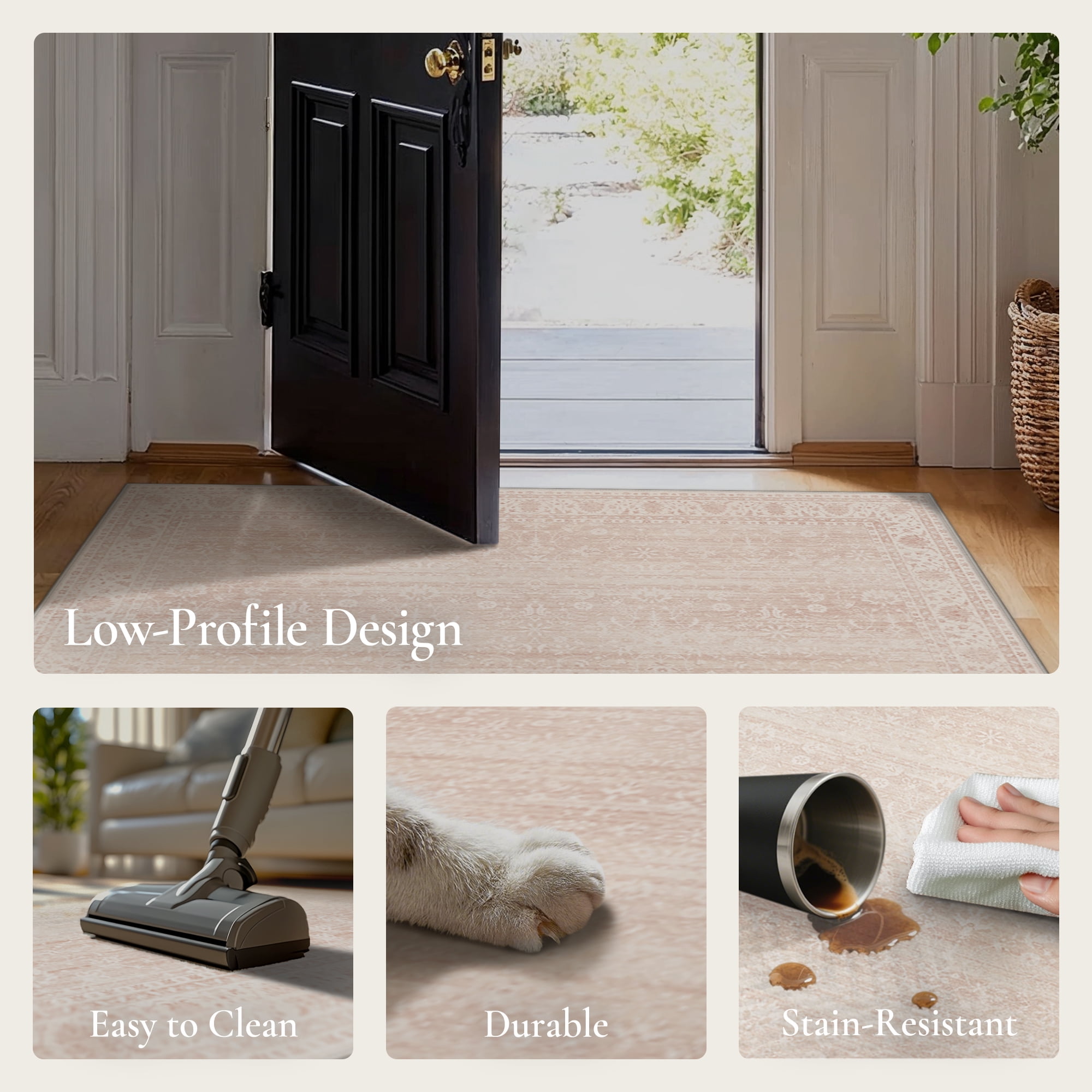 KUETH 9'x12' Area Rugs for Living Room, Non Slip Machine Washable Vintage Indoor Rug, Low Pile Chenille Print Rug for Bedroom Dining Room Home Office