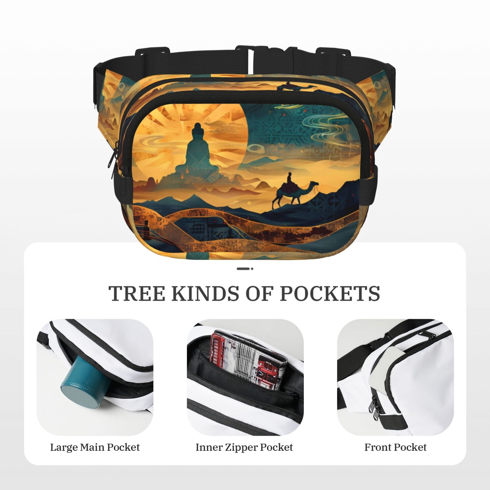 Picia Sunset Desert Journey Print Square Double-Layer Waist Bag Mini Adjustable Waist Belt Bag Exercise Running Travel Hiking