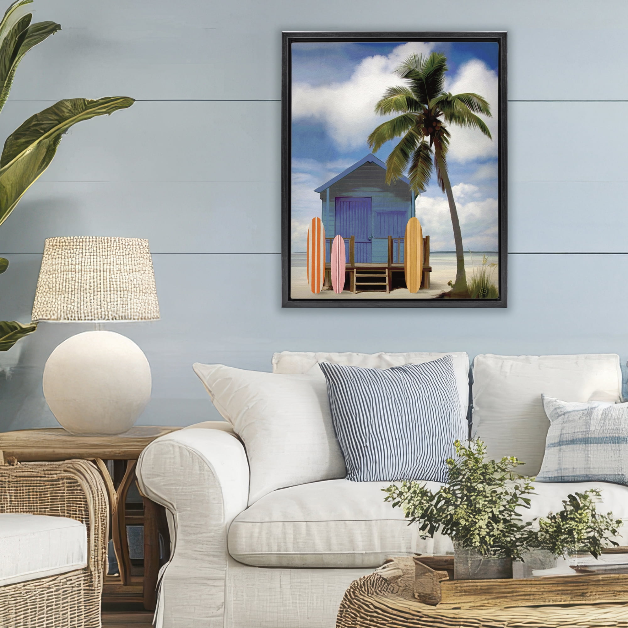 Stupell Industries Palm Overhanging Surf Shop Black Framed Floater Canvas Wall Art, design by Lisa R Dumm