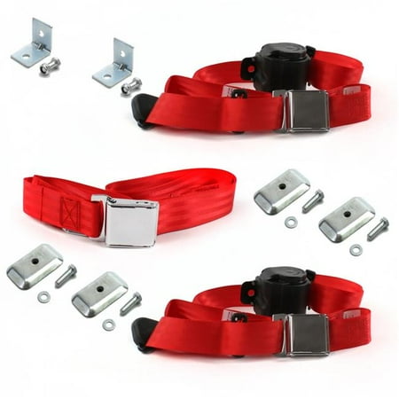 safeTboy  Red Retractable Bench Seat Belt Kit with Bracketry for 1949-1951 Ford Airplane 3 Point - 3 Belts