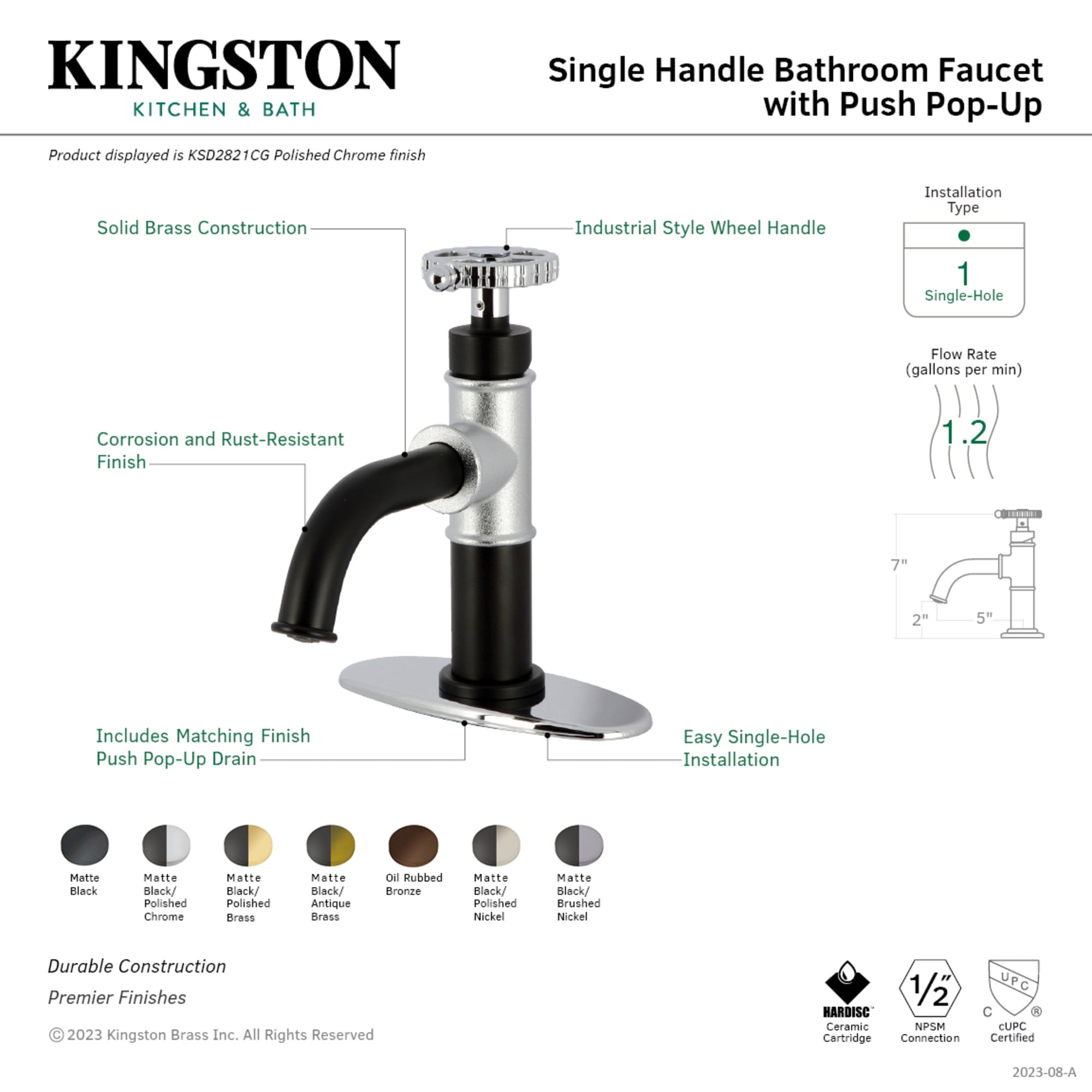 Kingston Brass KSD2825CG Fuller One-Handle Single-Hole Bathroom Faucet with Deck Plate and Push Pop-Up Drain, Oil Rubbed Bronze