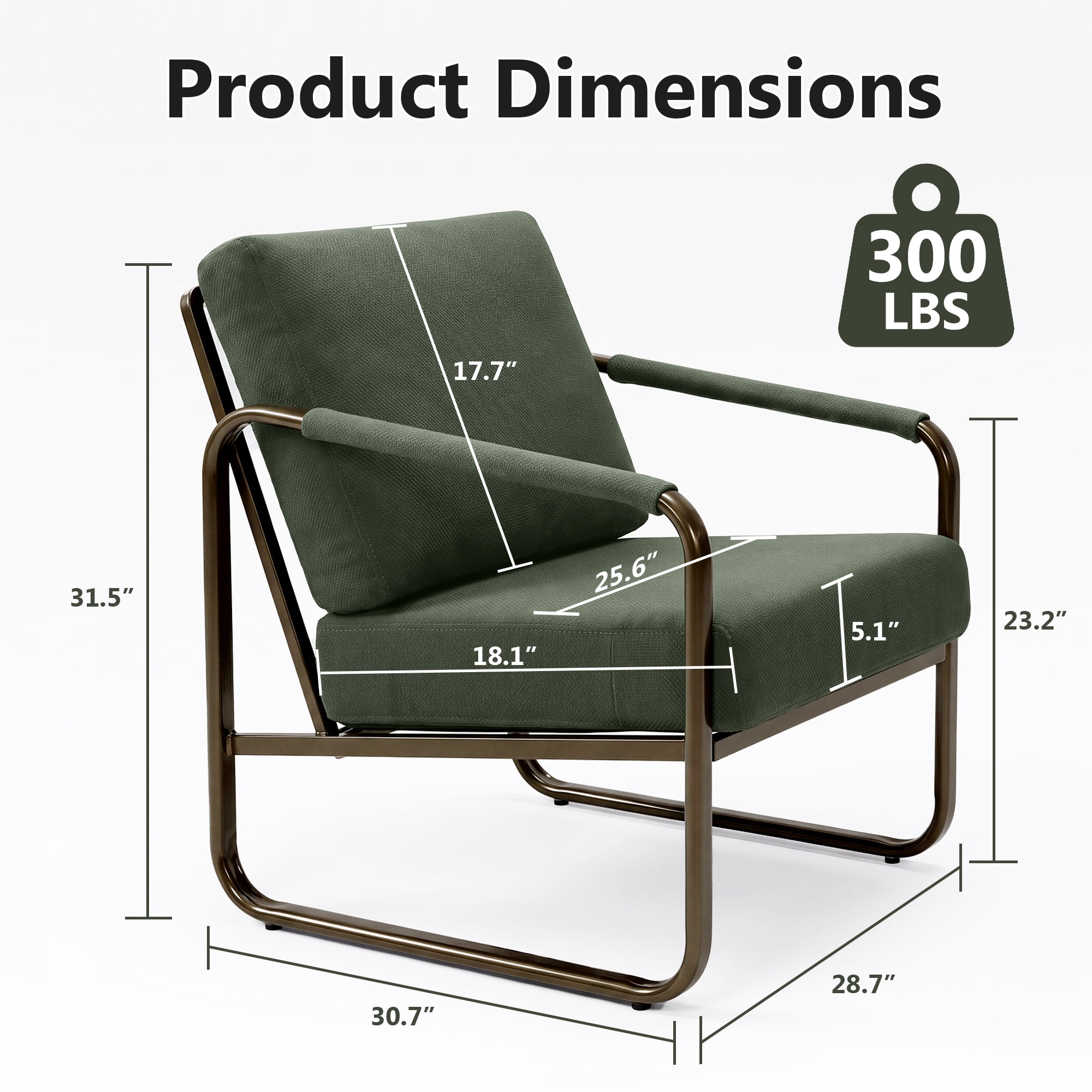 Prilinex Mid-Century Accent Chairs Set of 2, Metal Framed Armchair with Wide Cushion & Backrest, Fabric Living Room Chair for Bedroom Waiting Room, Dark Green
