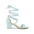 thumbnail image 3 of BLISSFUL STEP Women's Open Toe Lace up Sandals Mid Block Heels Sandals Sky Blue 7, 3 of 7