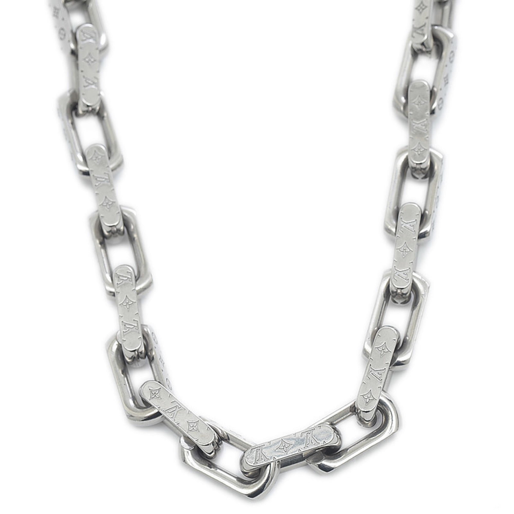 LOUIS VUITTON Monogram Chain Necklace Silver Black Metal