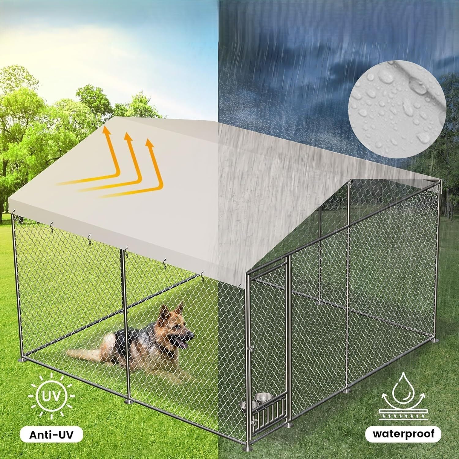 EuKer 10x10 ft Large Outdoor Dog Kennel with Waterproof Cover and Feeding Door for Medium/Large Dogs, Silver