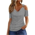 thumbnail image 2 of asjyhkr Womens off Shoulder Tops Summer Short Sleeve Breathable Lightweight Tees Solid Color Tshirts, 2 of 5