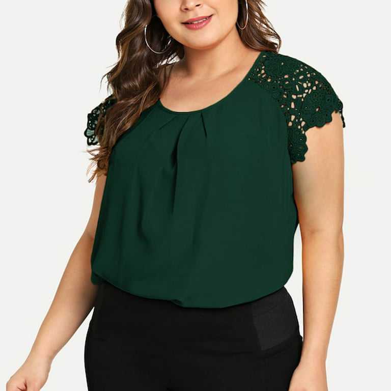 Puntoco Clearance Plus Size Tops,Plus Size Solid Floral Lace Shoulder  T-Shirt Tops Blouse Special offers Army Green 20(XXXXL)