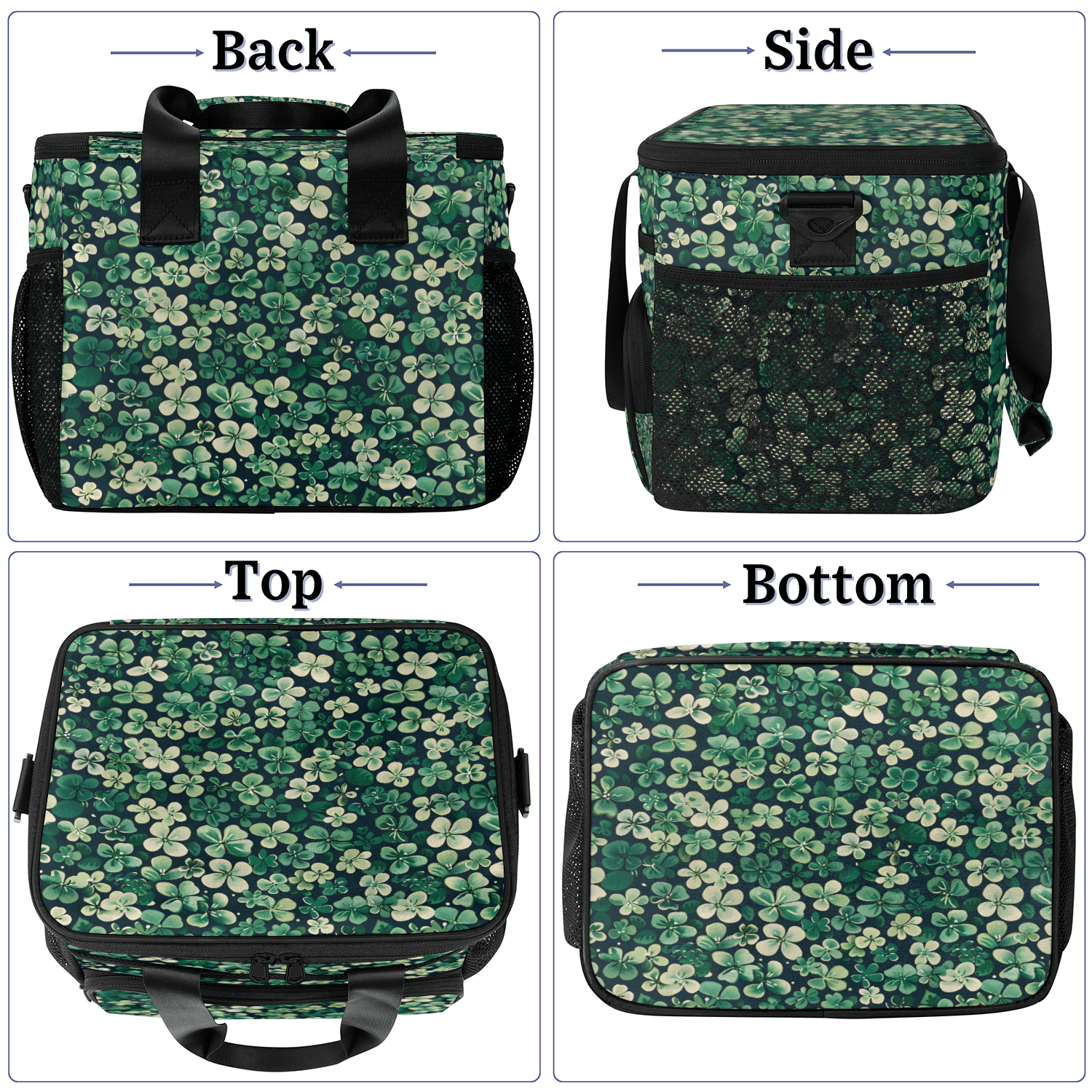 Herdesigns Happy St Patrick's Day Shamrocks Floral Leaves Large Lunch Box for Adults Women Men with Adjustable Shoulder Strap, Insulated Reusable Lunch Bag Leakproof Cooler Tote Bag