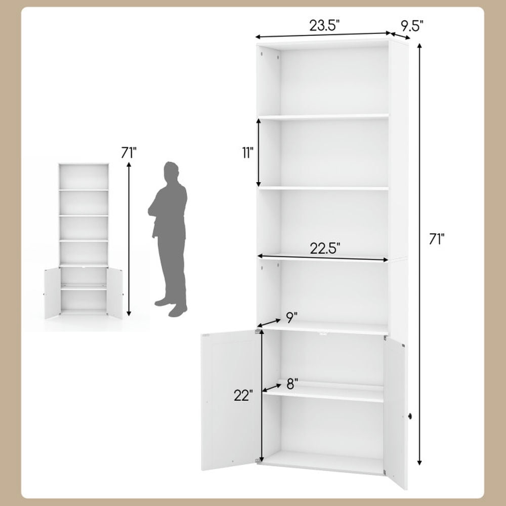 Demi Bonn 71" Freestanding Bookcase with 6 Shelves and 2-Door Cabinet, White
