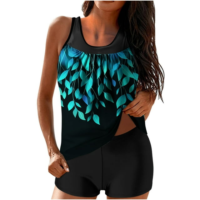 Women's Tummy Control Tankini Set, Floral Print High Waisted Boy Shorts Modest Two Piece Swimwear