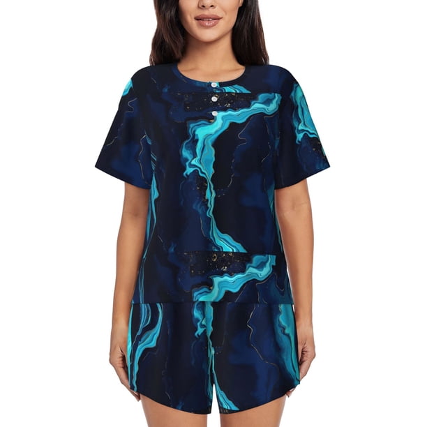 Fotbe Blue Marble And Gold Conjunto de Pijama Estampado para Mujer, 2 Piezas, Ropa de Dormir con Camiseta de Manga Corta y Shorts Suaves-3X-Large