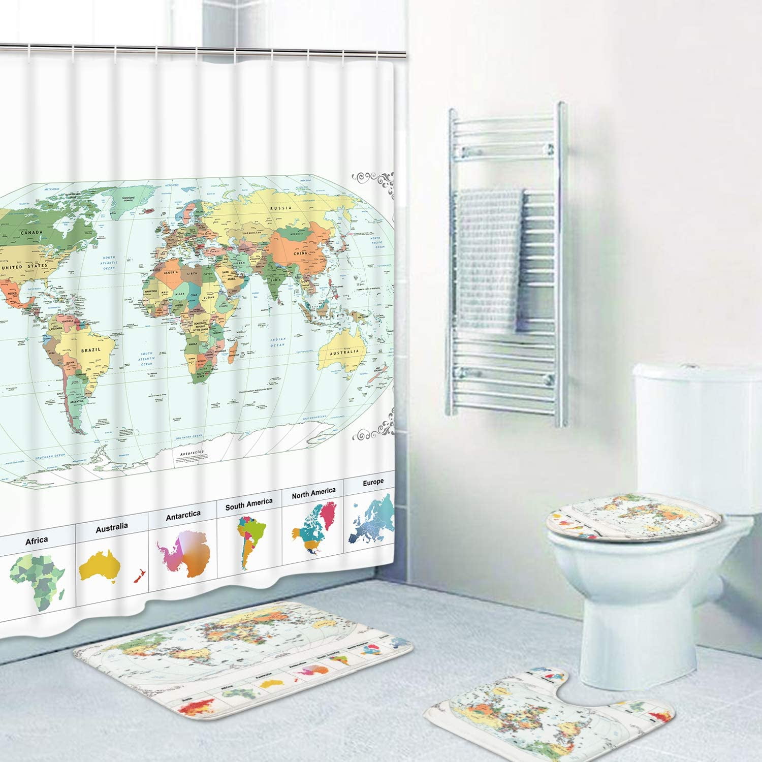 4x Bathroom Shower Curtain Set Waterproof Toilet Cover Mat Rug w/ 12 Hooks US 