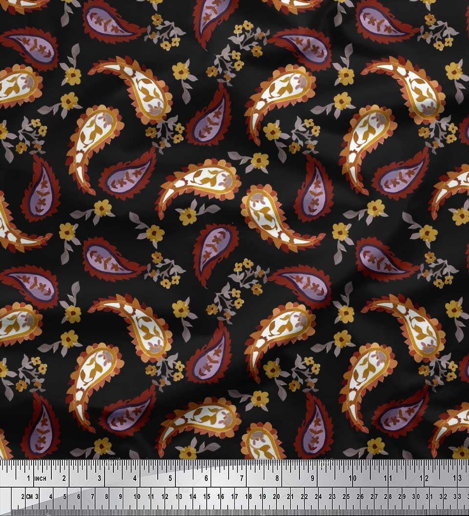 Soimoi Satin Silk Fabric Leaves & Floral Paisley Print Fabric by The ...