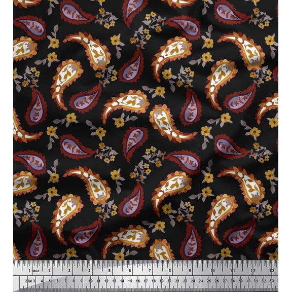 Soimoi Cotton Duck Fabric Leaves & Floral Paisley Printed Fabric 1 Yard 42 Inch Wide