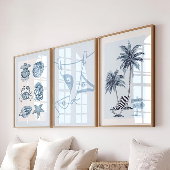 Light Blue Coastal Cowgirl Wall Art Y2k Preppy Beachy Decor Set 3 Stretched Canvas 16x24