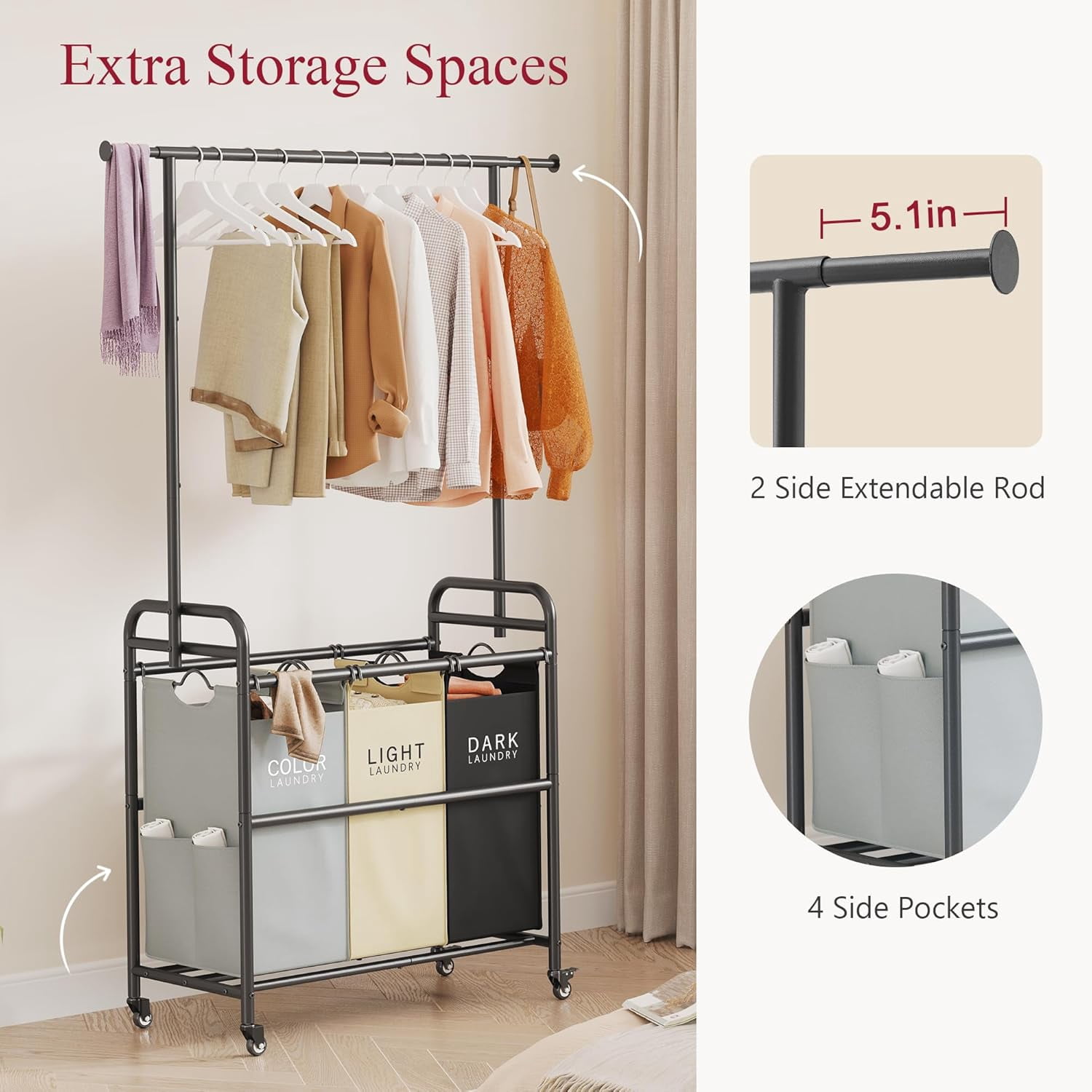 Laundry Sorter Cart with Hanging Clothes Rack, 3 Butler Sorter Basket Organizer, Laundry Hamper Cart with Heavy Duty Rolling Lockable Wheels, 3 Colors