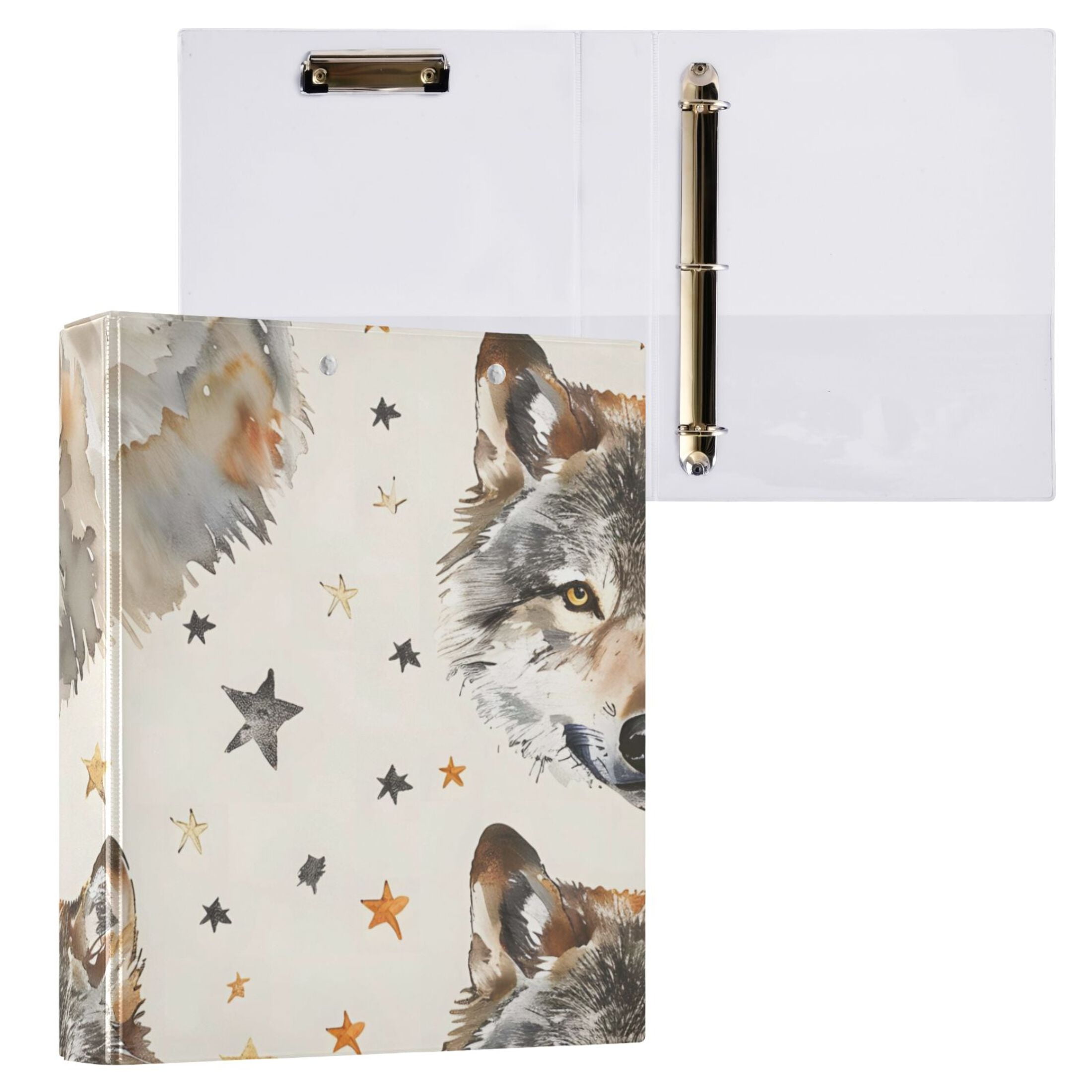 Wolf Face Stars 3 Ring Binders 1.5 inch Hardcover File Folders with Interior Pockets A4 Size Organizer for School Office Hospital