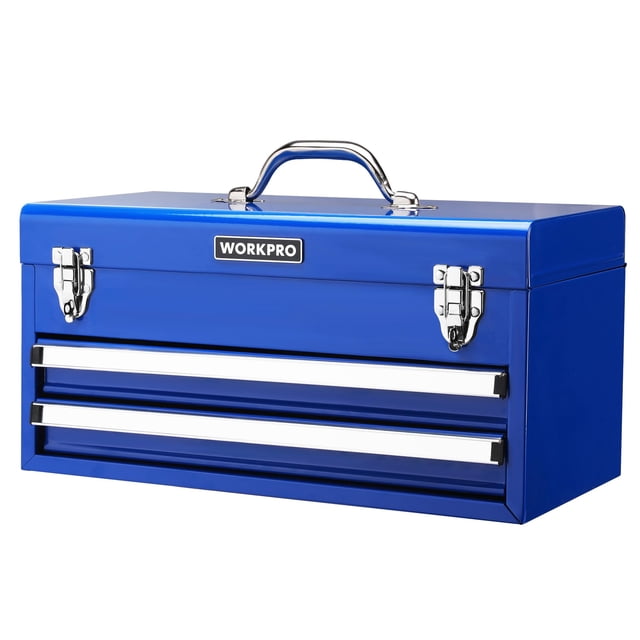 Workpro Caja de herramientas con cajones Caja de herramientas de metal de 18 pulgadas con 2 cajones y 1 caja de herramientas portátil de almacenamiento superior Pestillo y revestimiento de metal para