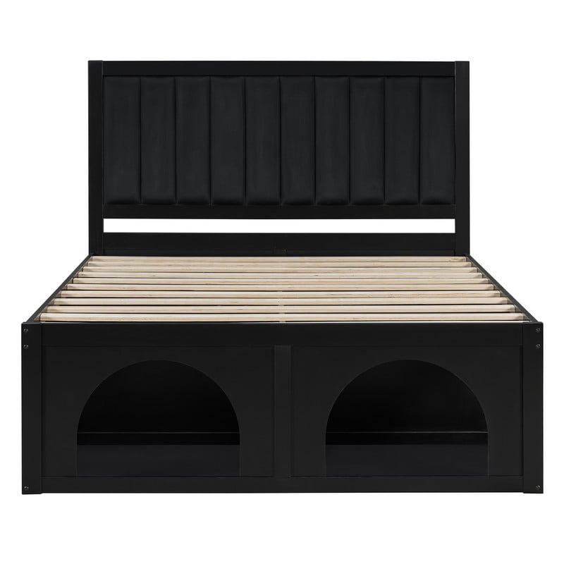 Queen Size Pet-Friendly Platform Bed with Under-Bed Pet Nooks, Heavy Duty Wooden Storage Bed Frame with Padded Headboard