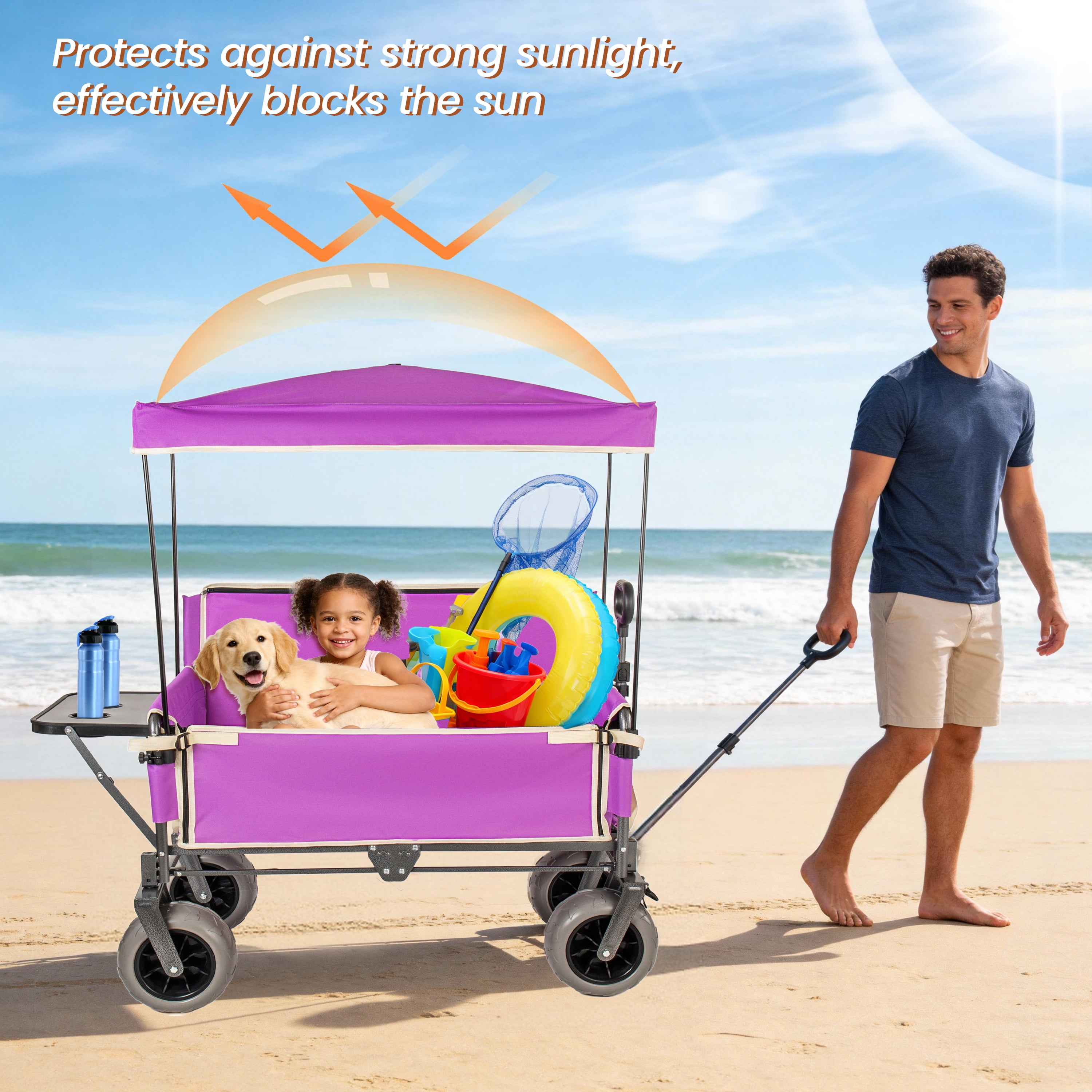 3-in-1 Collapsible Wagon Converts to Bench Convertible Folding Wagon Cart with Canopy &Rear-Mounted Folding Tabletop, 500lbs Heavy-Duty, 180L Capacity for Camping, Beach, Garden, Fishing