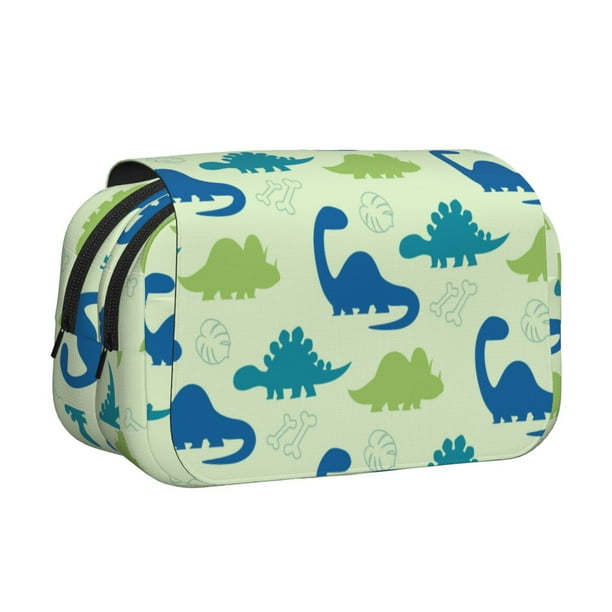 Disketp Cute Dinosaur Blue Green Estuche de Lápices de Doble Capa con Tapa Abatible y Cremallera, Organizador Escolar para Adolescentes y Adultos