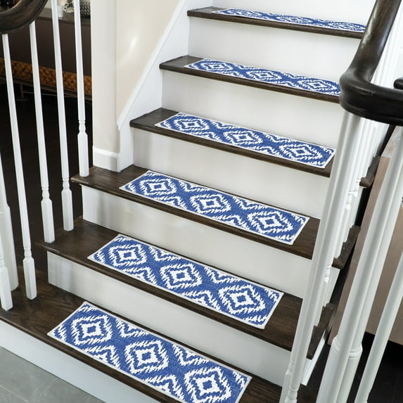 SussexHome Tetra One Design 9" X 28" Stair Treads - 70 % Cotton Anti-Slip Carpet Strips for Indoor Stairs-Easy to Install Stair Treads with Double Adhesive Tape-Safe, Extra-Grip, 7-Pack-Navy