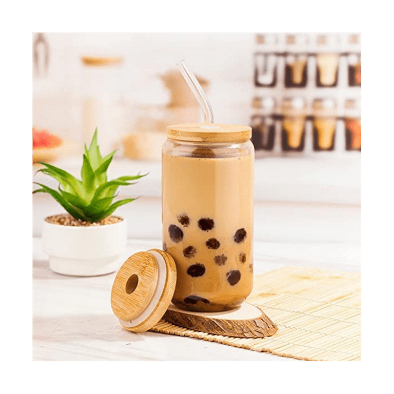 12/16oz Reusable Straw Cup with Wooden Lid and Glass Straws Drinking Coke  Cup for Milk Coffee Juice Beer Cola Glasses Straws Cup - AliExpress