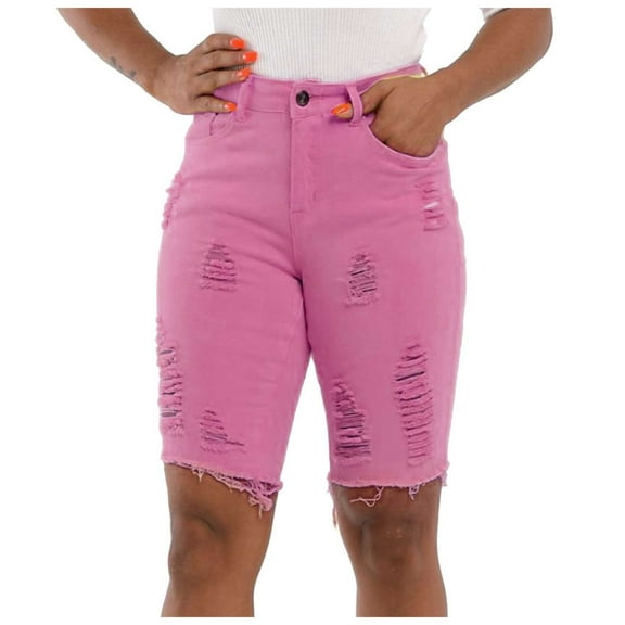 YDFCWXW Womens Ripped Stretchy Long Jean Shorts Mid Rise Frayed Cut Off Bermuda Shorts Pink, M