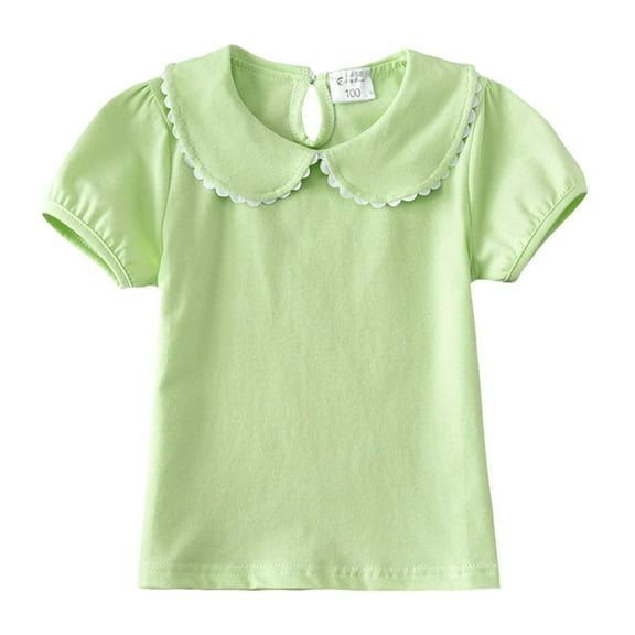 Sopiago Toddler Baby Girls Ruffle Doll Collar Shirt Puff Short Sleeve T Shirts for Girls Solid Color Summer Basic Top Blouse Tee Green,18-24 Months