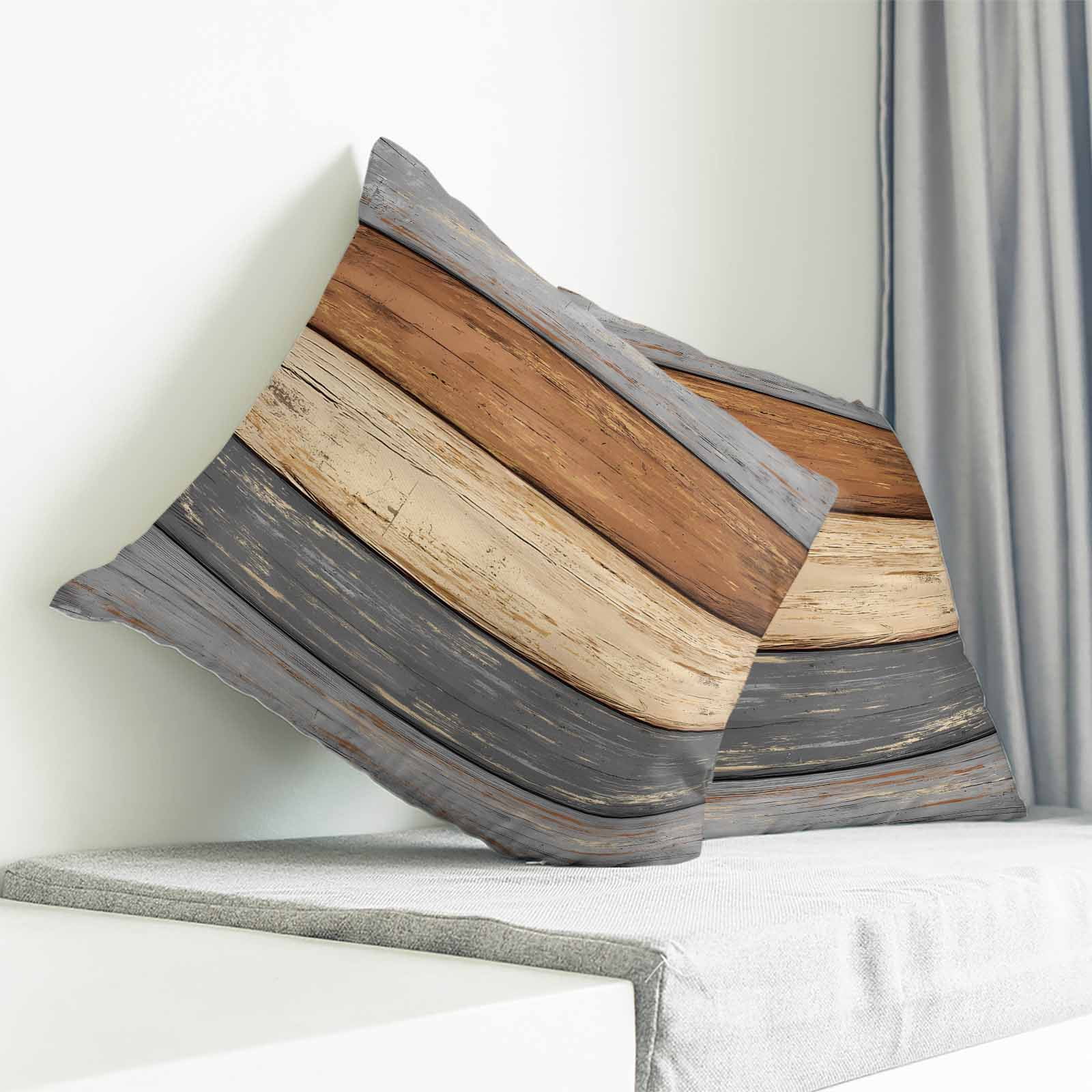 Farmhouse Haze Blue Brown Pillow Covers 18x18 Inch Decorative Throw Pillow Cover, Vintage Wooden Striped Sofa Pillowcases Accent Cushion Case Home Decor Bedroom Living Room