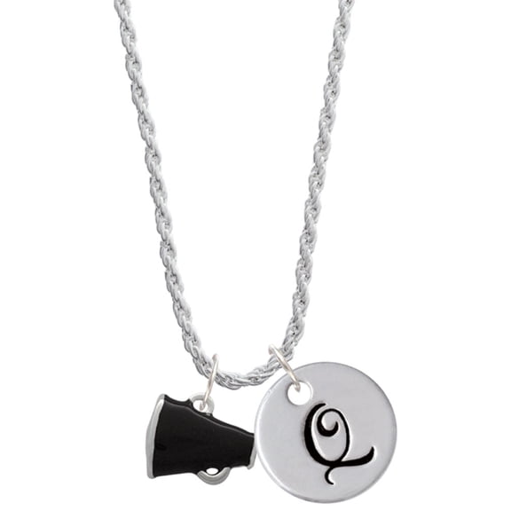 Delight Jewelry Silvertone Small Black Megaphone Silvertone Script Initial Disc - Q - Charm Necklace, 20"+3"