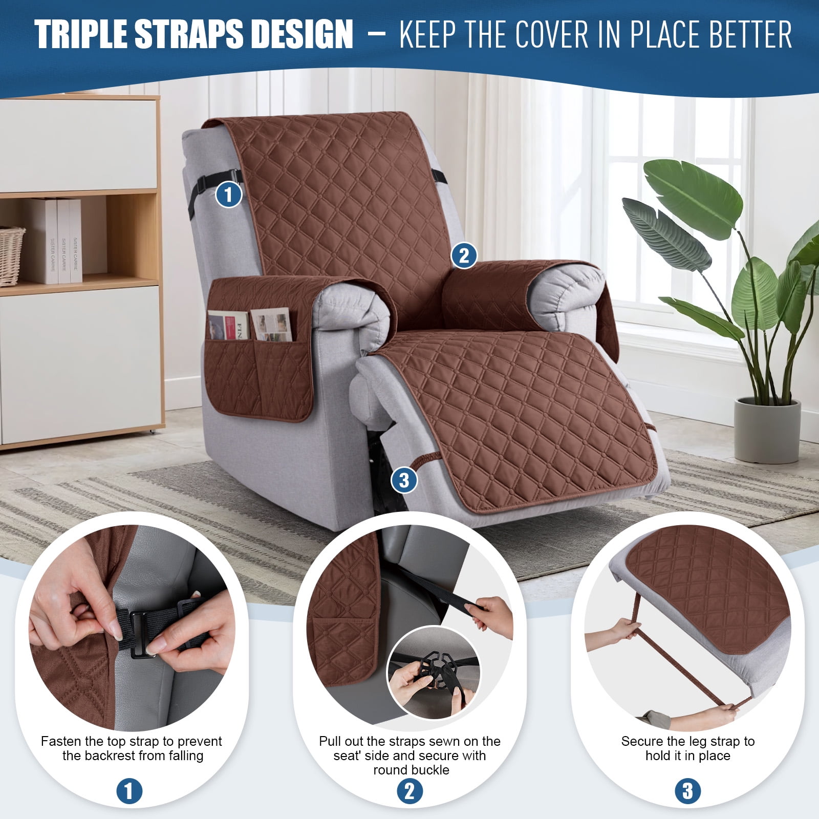 Timeles Waterproof Recliner Covers, Recliner Chair Covers with Leg Straps, Reversible Recliner Couch Cover for 1 Seat Reclining Sofa, Washable Chair Protector for Pets Kids(1 Seater 22", Coffee)