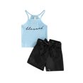 thumbnail image 1 of hirigin Girls Shorts Set Ribbed Letter Print Sleeveless Sling Tops + High Waist Leather Shorts Cute Two-Piece Set, 1 of 9
