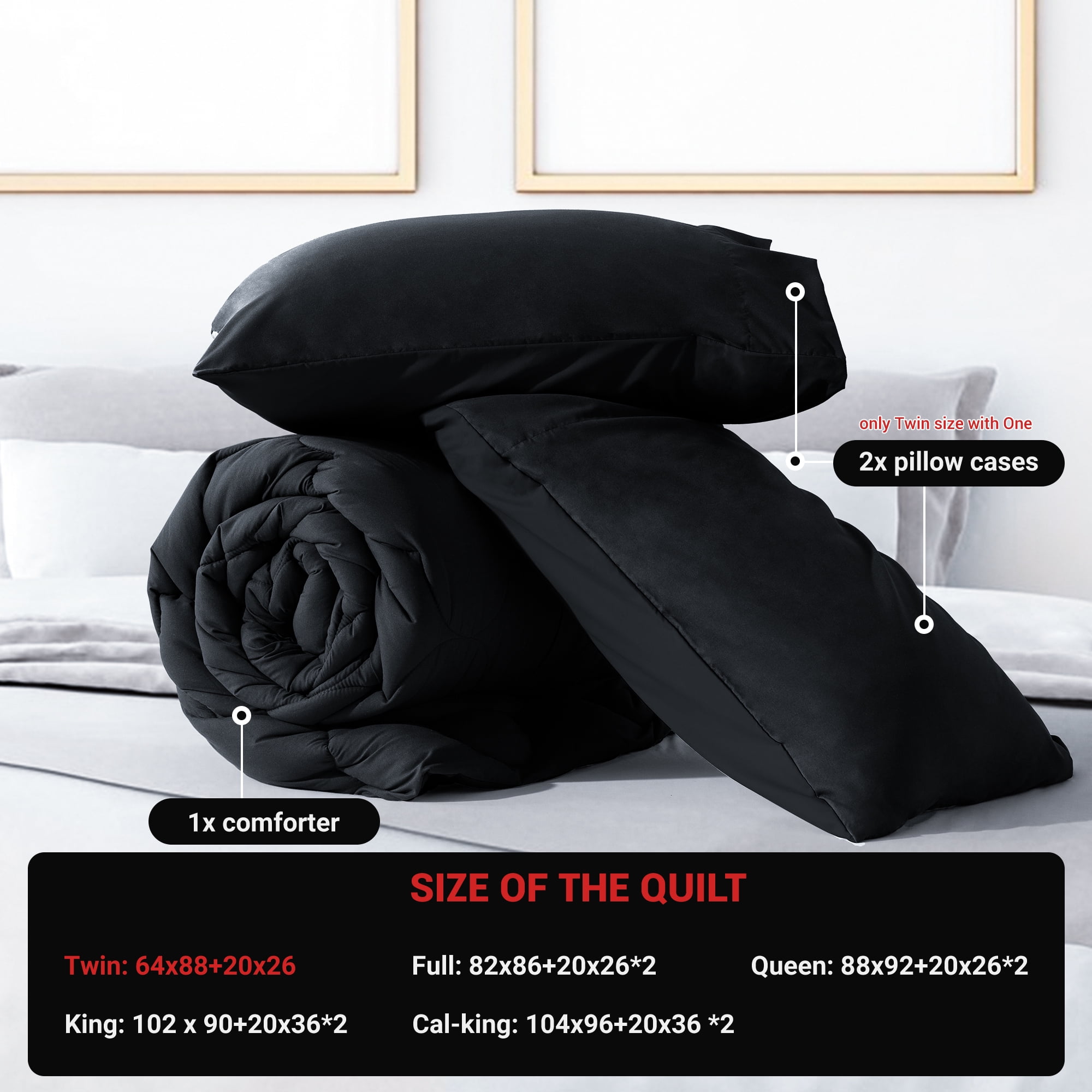 Yalamila Twin Size Comforter Set 2-Piece All-Season Down Alternative Reversible Comforter Set,Dark Black,200GSM Cooling Quilted Duvet Insert, 95GSM Soft Cover Bed in a Bag