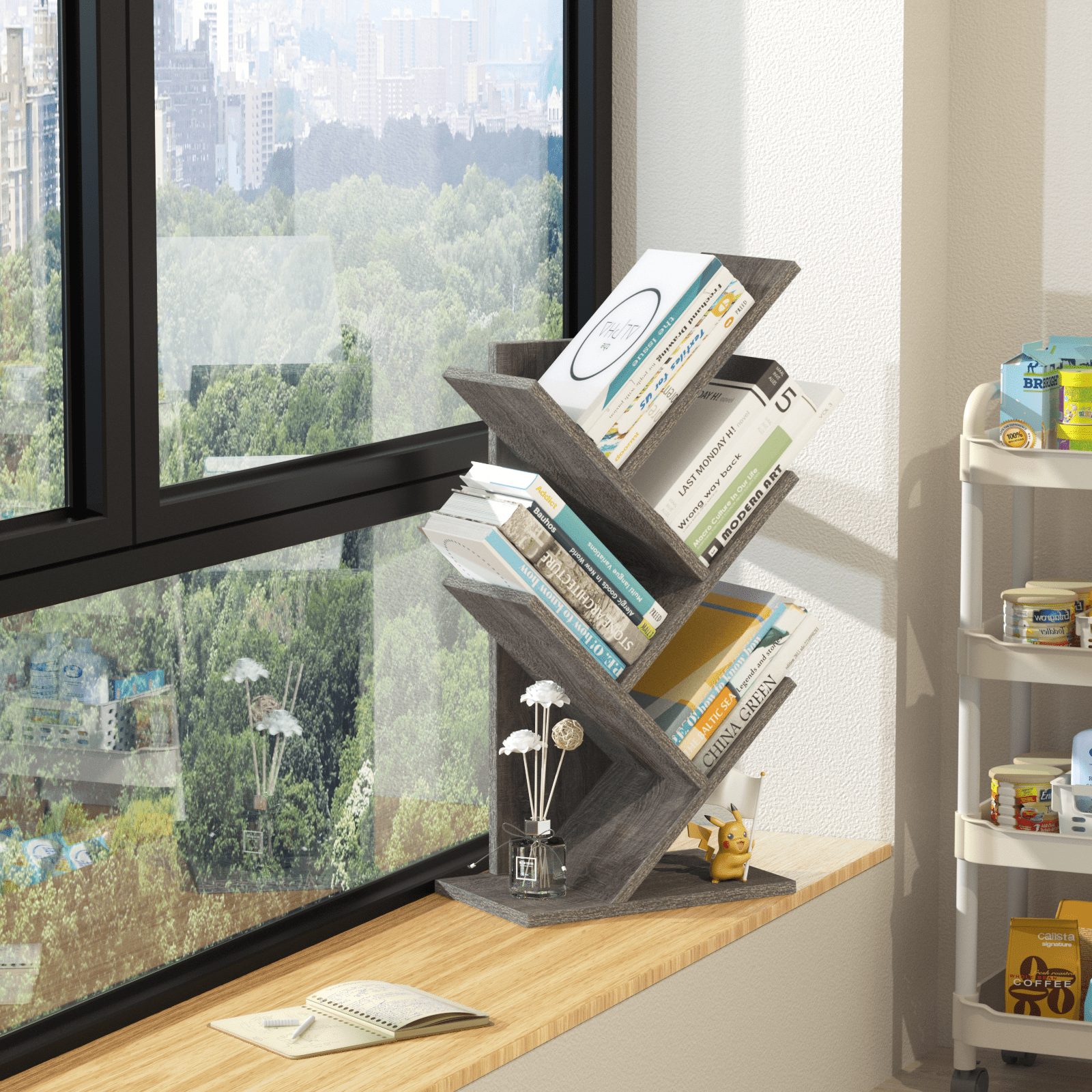 Tree Bookshelf 5-Tier Tabletop Tree Bookcase, Floor Standing Organizer Bookcases for Living Room,Bedroom, Light Grey
