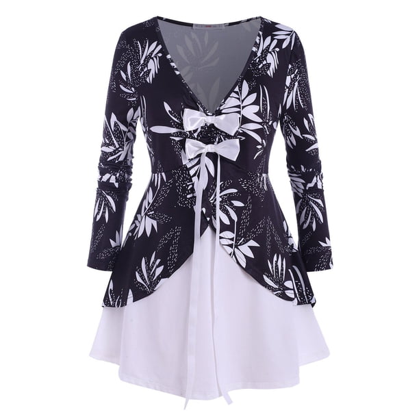 Camiseta Talla Extra Estampado Hoja Moño Rosegal Mangas largas de talla grande