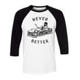thumbnail image 1 of Never Better Skeleton Three-Quarter Raglan Sleeve Baseball Shirt Unisex 2X-Large White/Black, 1 of 5