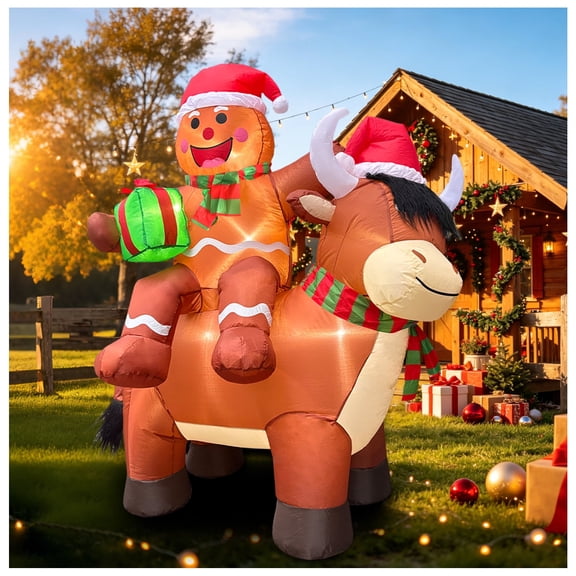 5.8 FT Christmas Inflatable Highland Cow, Cute Blow Up Highland Cow with Santa Hat, Playful Gingerbread Man Holding Gift Box Riding on Cow Back for Indoor Outdoor Yard Garden Holiday Party Decor