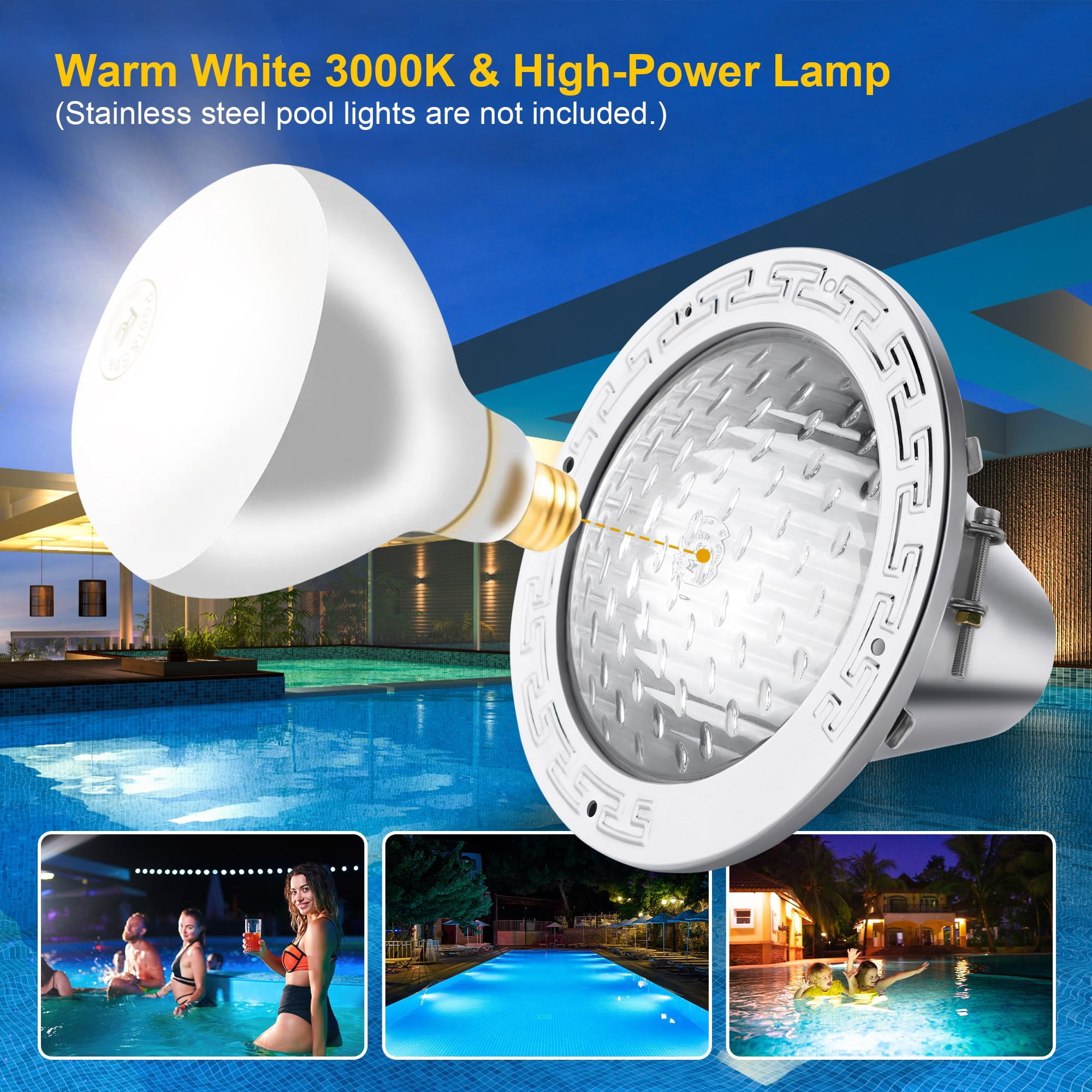 500W R40 120V Pool Light Bulb for Inground Pool & Spa – 3000K Warm White, E26 Base, High-Power, Compatible with Pentair & Hayward Fixtures, 3,000-Hour Lifespan (2 Pack)