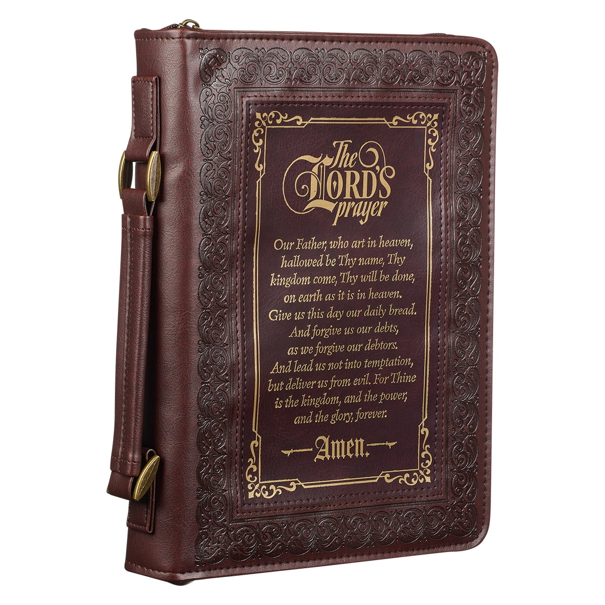 Christian Art Gifts Classic Bible & Book Cover for Men & Women: The Lord's Prayer - Matthew 6:9-13 Inspirational Scripture Carry Case Accessory with Pockets, Walnut Brown & Burgundy with Gold, Medium