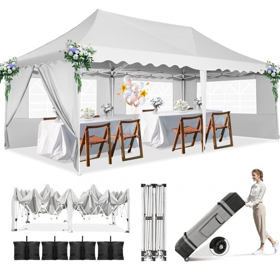 HOTEEL 10'x20' Pop up Canopy Tent,Outdoor Canopy with Wheeled Bag,for Parties,Wedding,Backyard,Camping,White