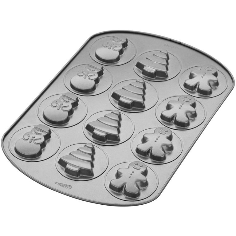 Wehome Gingerbread Cake Pan Cakelet Pan，Non-stick Cast Aluminum Muffin  Pan，12-Cavity Snowman and Christmas Tree Gingerbread Baking Pan，Heavy-gauge
