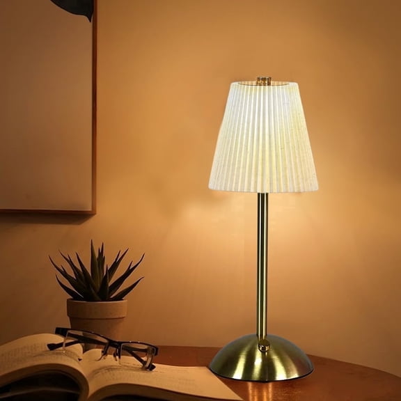 Cordless Touch Control Table Lamp, 3 Color Modes Dimmable Rechargeable Fabric Shade LED Desk Lamp, Gold Metal Portable Battery Operated Nightstand Lamp for Bedroom Dining Living Room